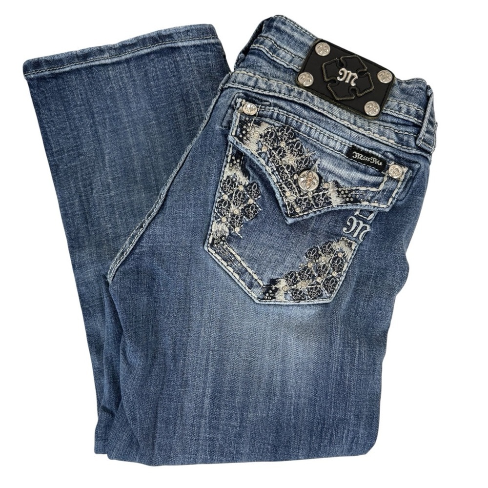 Miss Me Jeans Cuffed Capri Button Flap Pockets Low Rise Embellished